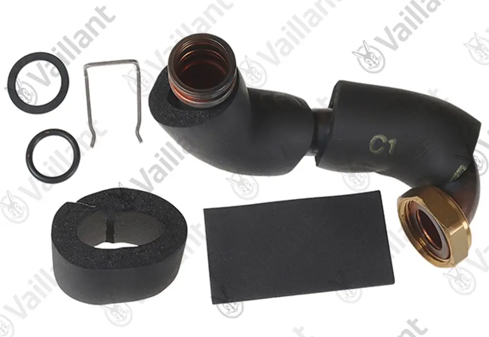 Vaillant Rohr mit mehreren Dichtungen, einer Halteklammer und einer isolierten Umhüllung. Das Produkt enthält außerdem eine schwarze Platte zur zusätzlichen Abdichtung.